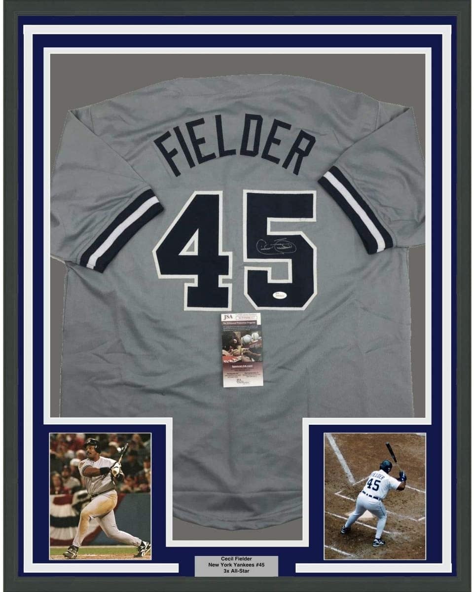 FRAMED Signed CECIL FIELDER 35x39 New York Grey Jersey JSA COA Auto