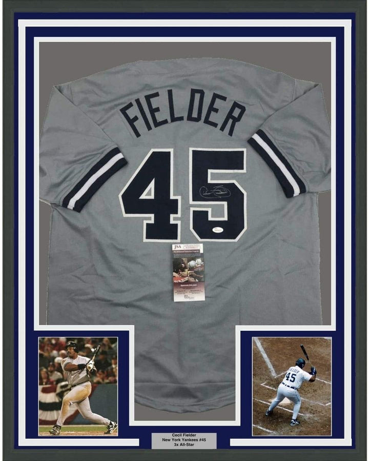 FRAMED Signed CECIL FIELDER 35x39 New York Grey Jersey JSA COA Auto