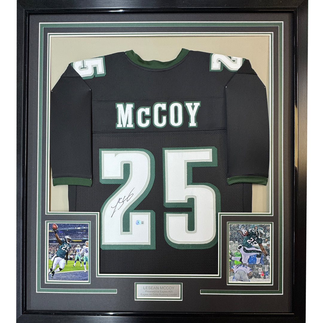 FRAMED Autographed/Signed LESEAN MCCOY 33x42 Philadelphia Black Jersey JSA COA