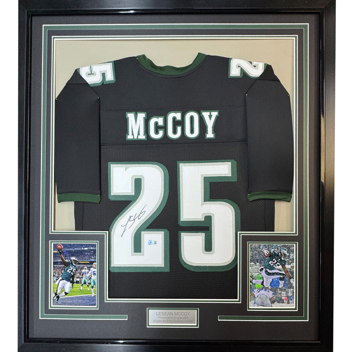 FRAMED Autographed/Signed LESEAN MCCOY 33x42 Philadelphia Black Jersey JSA COA