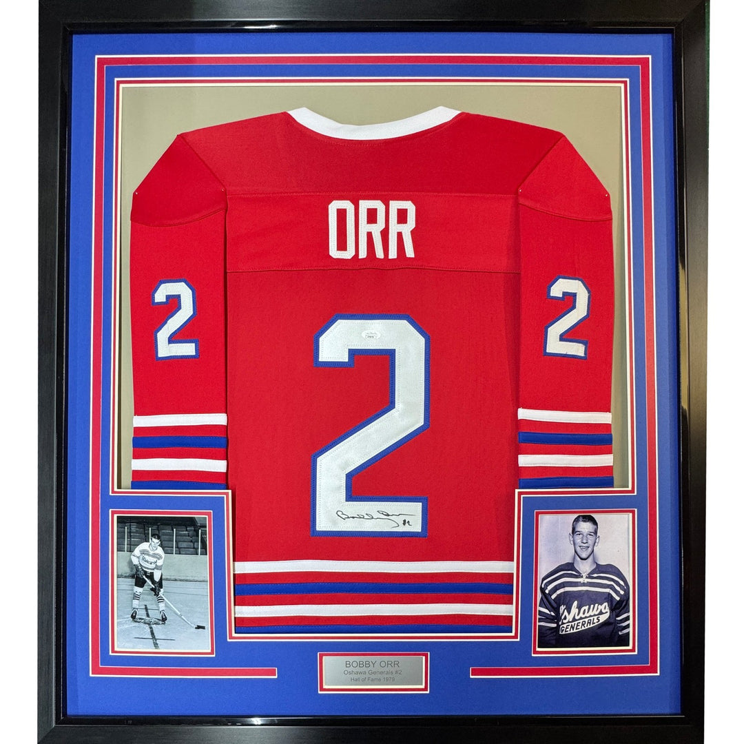 Framed Autographed/Signed Bobby Orr 35x39 Oshawa Red Hockey Jersey JSA COA
