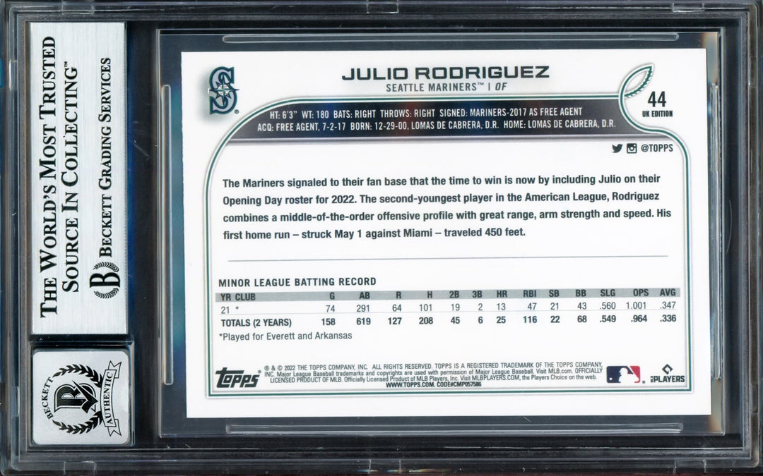 Julio Rodriguez Auto Signed 2022 Topps UK Edition RC 44 Mariners Sig 10 Beckett