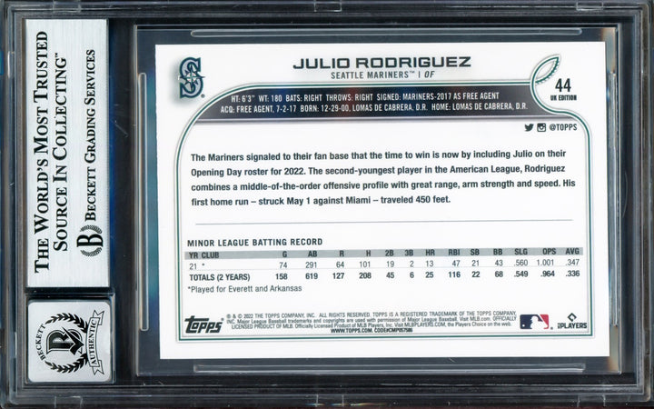 Julio Rodriguez Auto Signed 2022 Topps UK Edition RC 44 Mariners Sig 10 Beckett