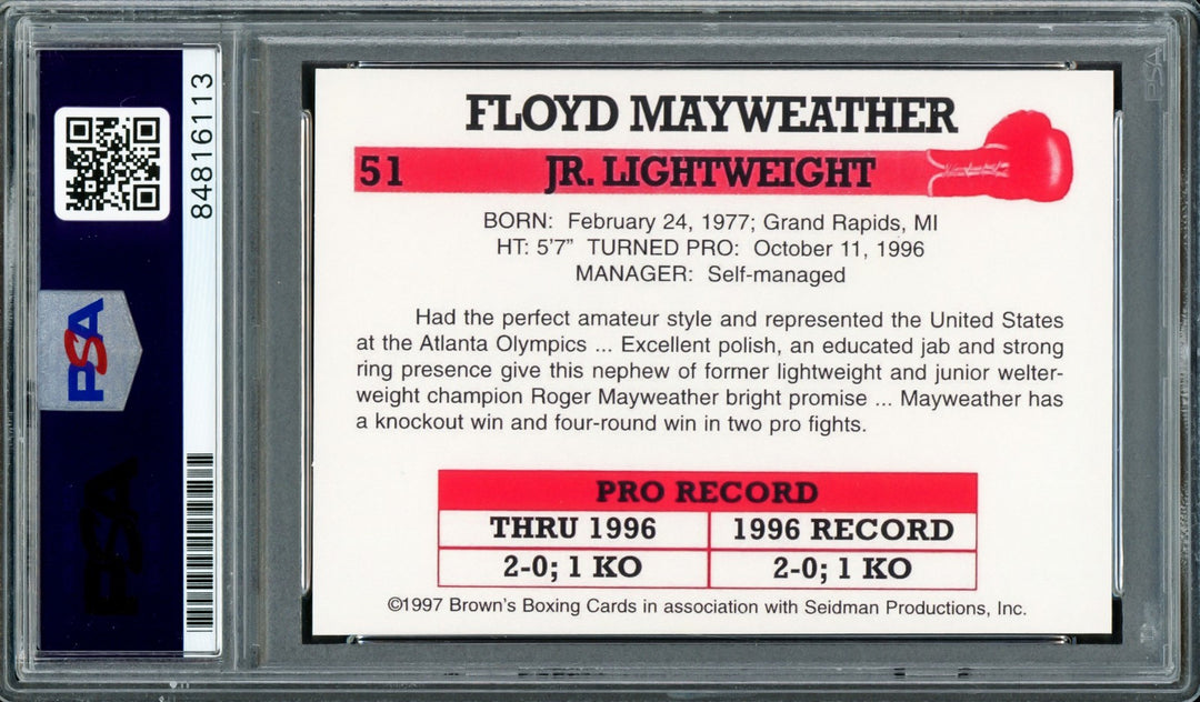 Floyd Mayweather Jr Auto 1997 Browns Boxing Rookie Reprint RC 51 Sig 10 50-0 PSA