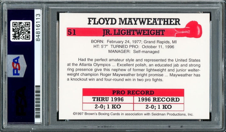 Floyd Mayweather Jr Auto 1997 Browns Boxing Rookie Reprint RC 51 Sig 10 50-0 PSA