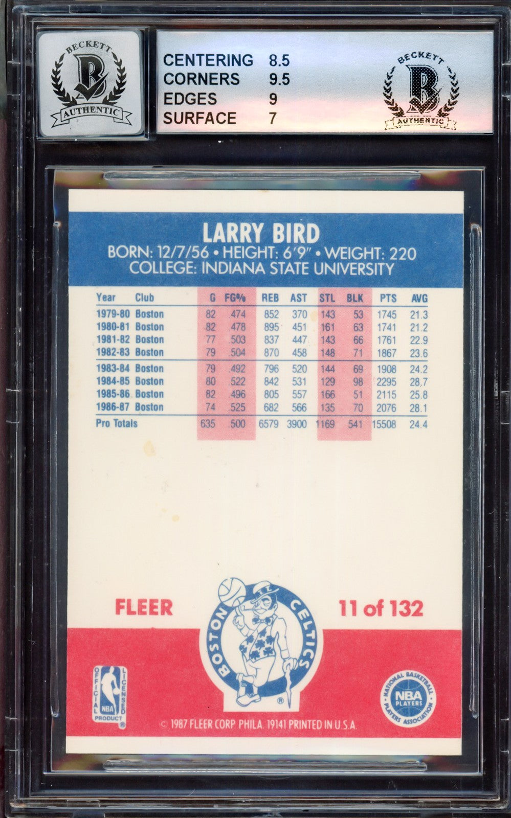 Larry Bird Auto 1987-88 Fleer Card 11 Celtics BGS 8 Auto GM 10 Beckett #15464740