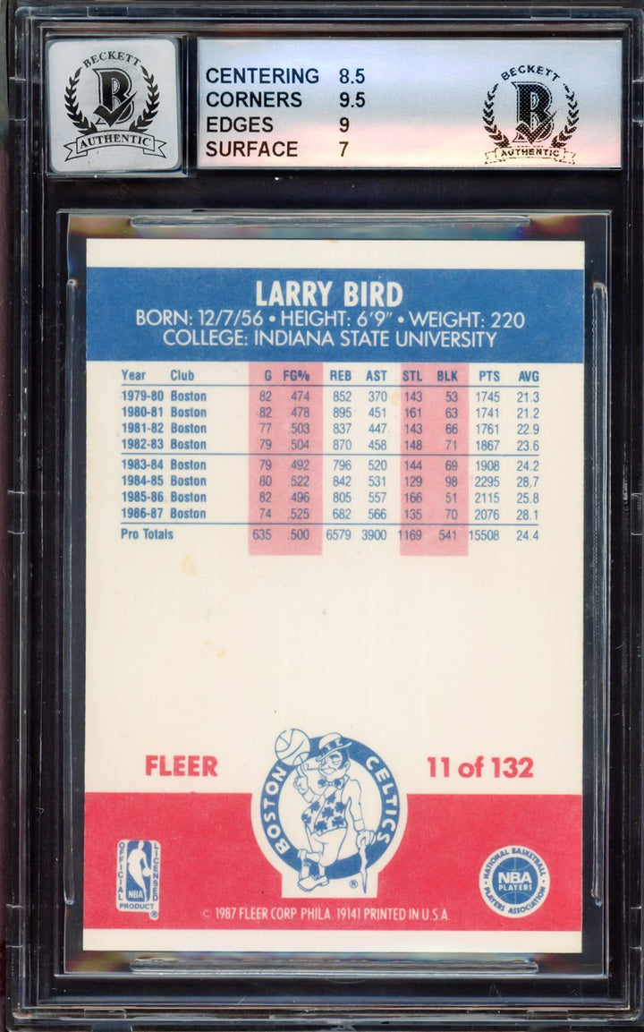 Larry Bird Auto 1987-88 Fleer Card 11 Celtics BGS 8 Auto GM 10 Beckett #15464740