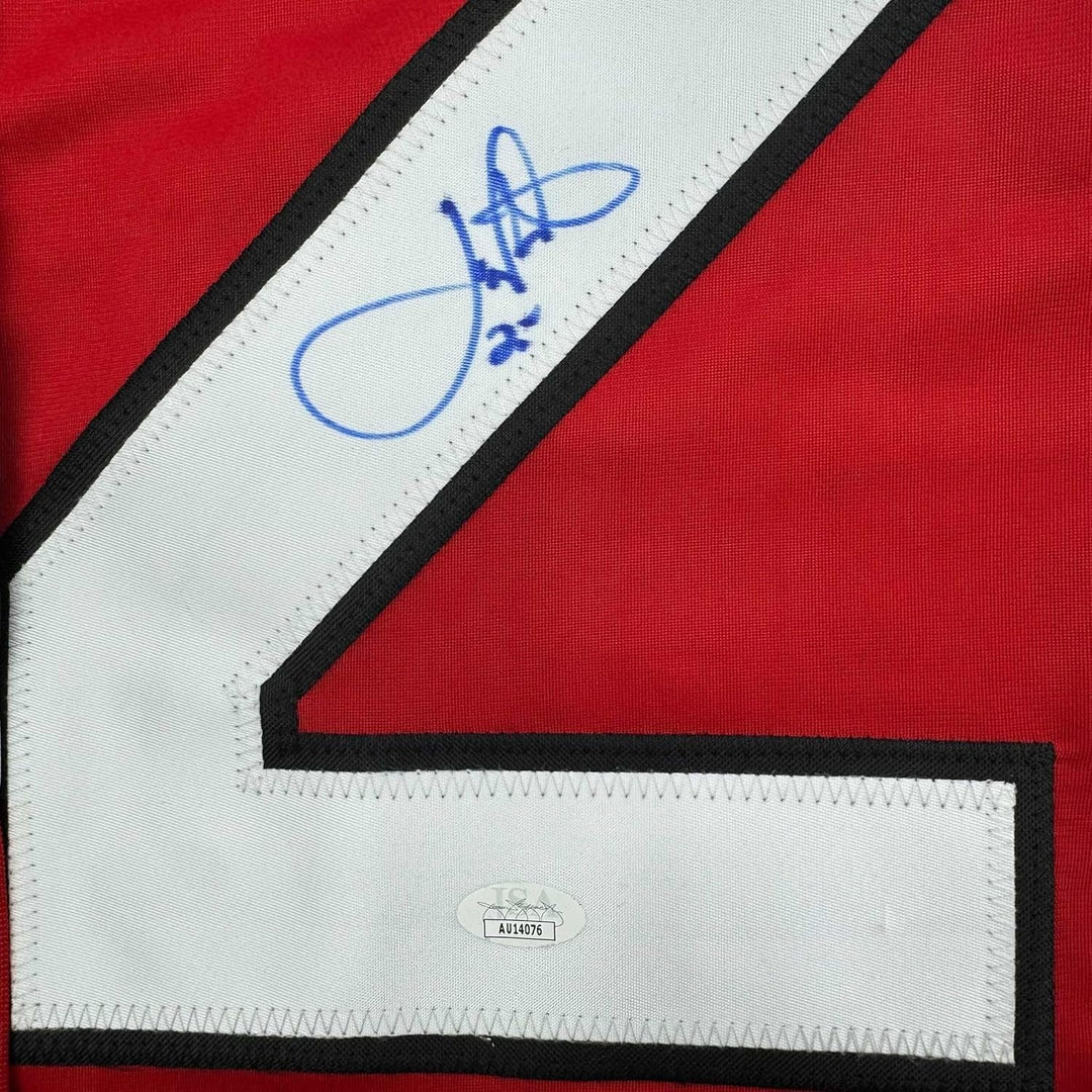Framed Signed Joe Nieuwendyk 35x39 New Jersey Red Jersey JSA COA