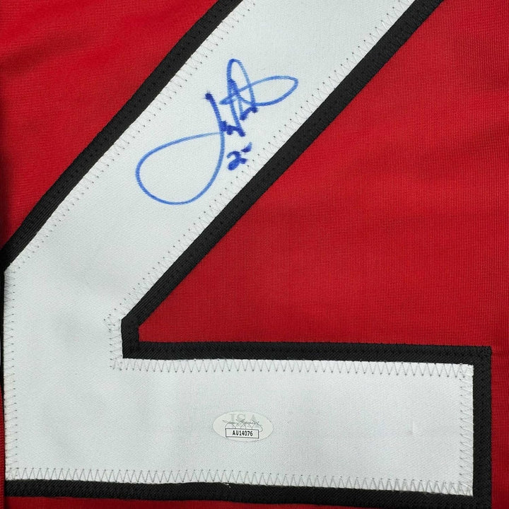 Framed Signed Joe Nieuwendyk 35x39 New Jersey Red Jersey JSA COA