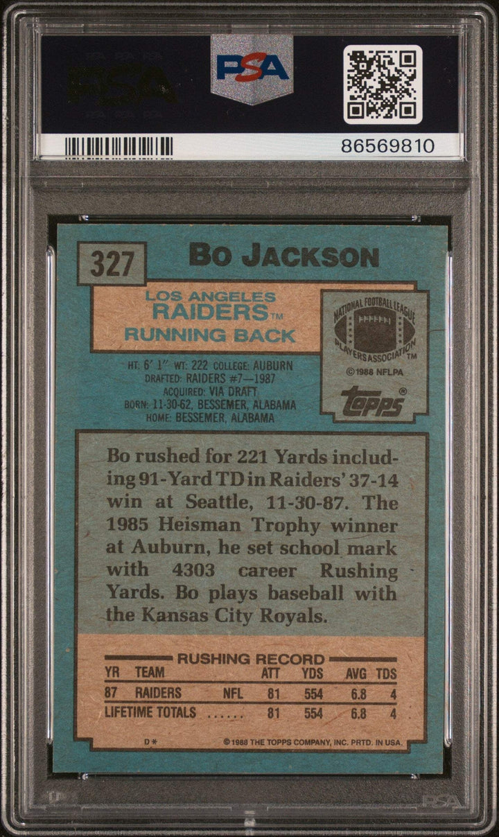 Graded 1988 Topps Super Rookie Bo Jackson #327 Rookie RC Baseball Card PSA 9