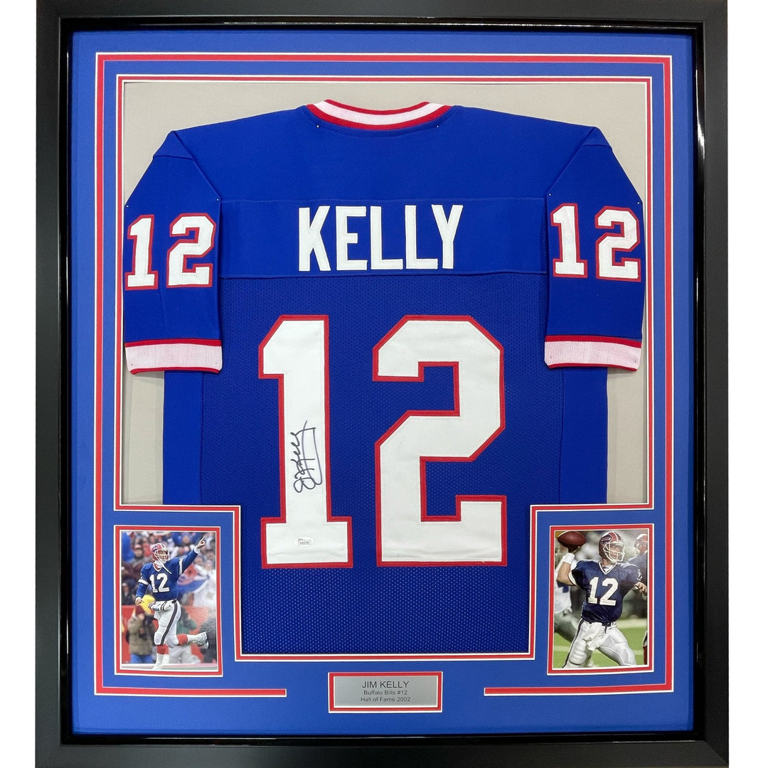Framed Autographed/Signed Jim Kelly 35x39 Buffalo Blue Jersey JSA COA