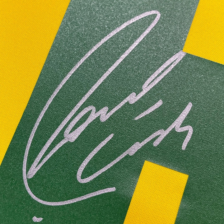 Framed Autographed/Signed Roberto Carlos 35x39 Yellow Retro Jersey BAS COA