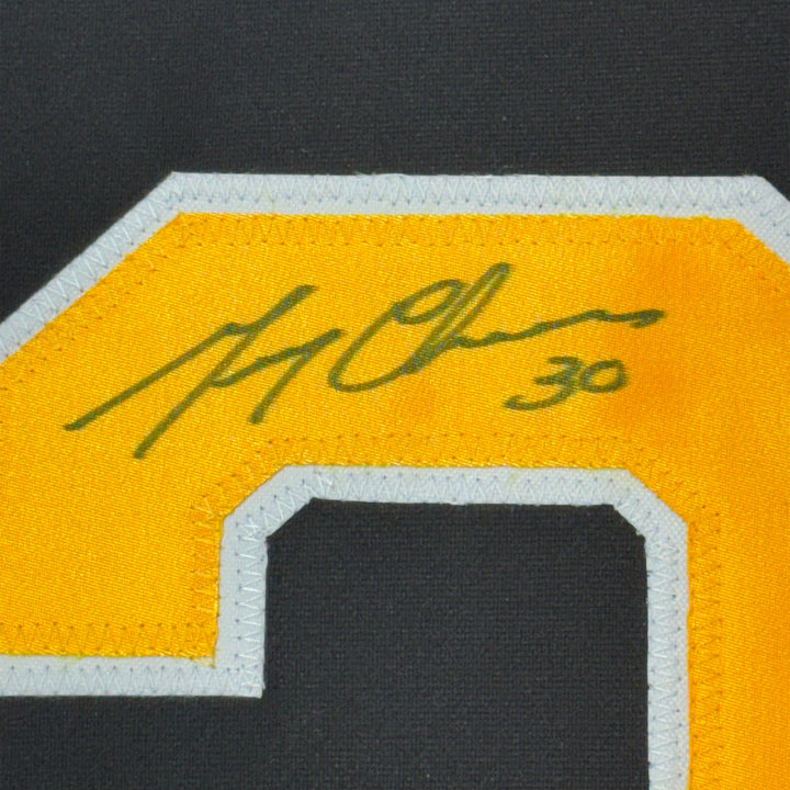 FRAMED Autographed/Signed GERRY CHEEVERS HOF 33x42 Boston Black Jersey JSA COA