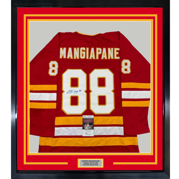 Framed Signed Andrew Mangiapane 35x39 Calgary Red Jersey JSA COA