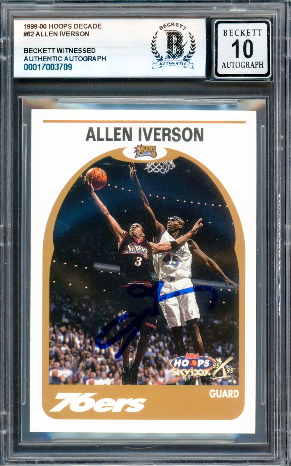 Allen Iverson Auto Signed 1999-00 Hoops Decade Card 62 76ers Sig 10 Beckett Wit