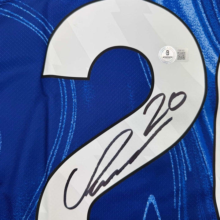 Framed Autographed/Signed Cole Palmer 35x39 Chelsea Blue Jersey Beckett BAS COA