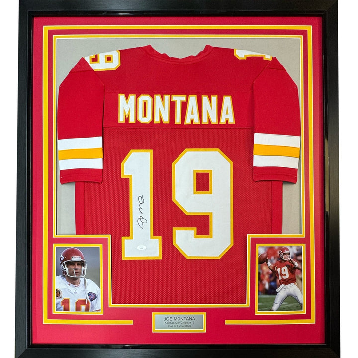 FRAMED Signed JOE MONTANA 35x39 Kansas City Red Jersey JSA COA Auto