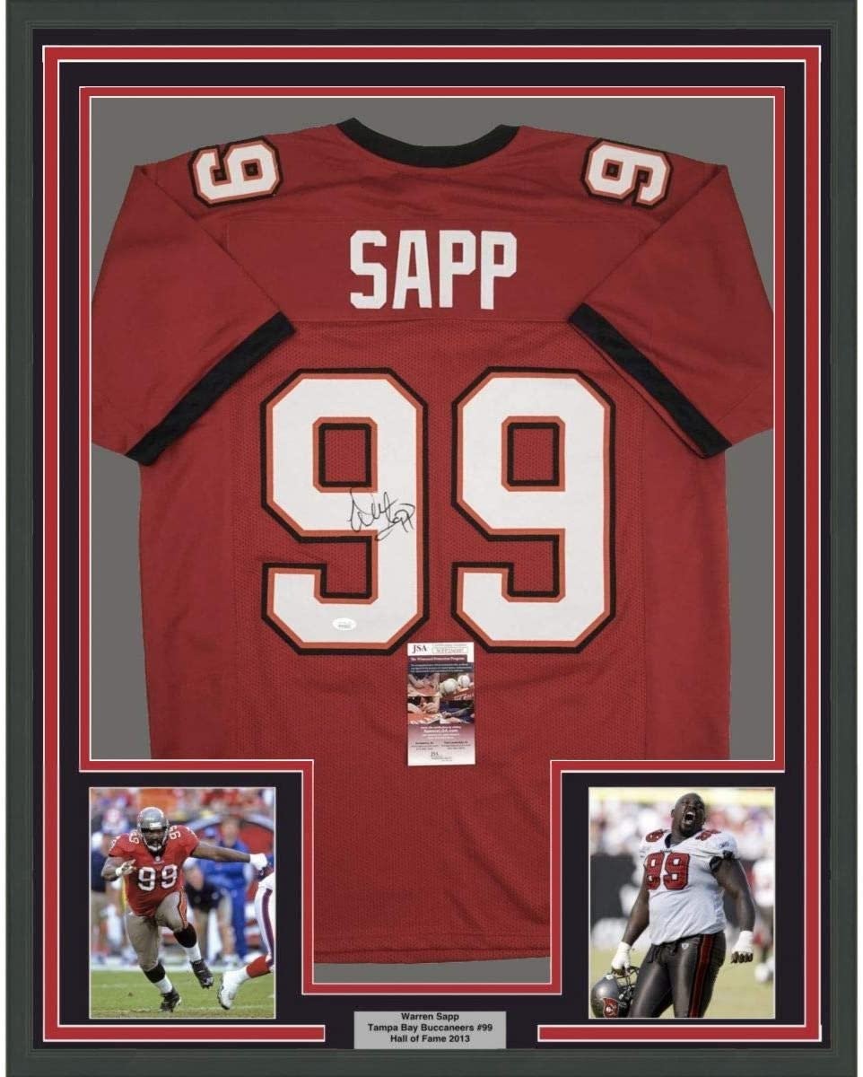 Framed Autographed/Signed Warren Sapp 35x39 Tampa Bay Red Jersey JSA COA