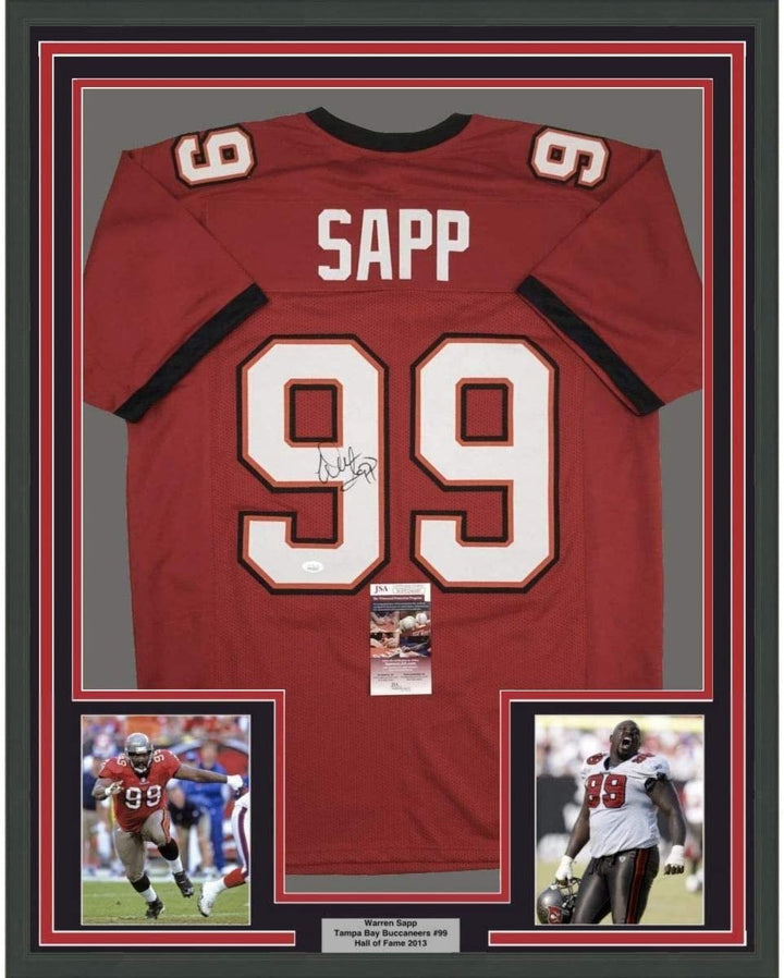 Framed Autographed/Signed Warren Sapp 35x39 Tampa Bay Red Jersey JSA COA