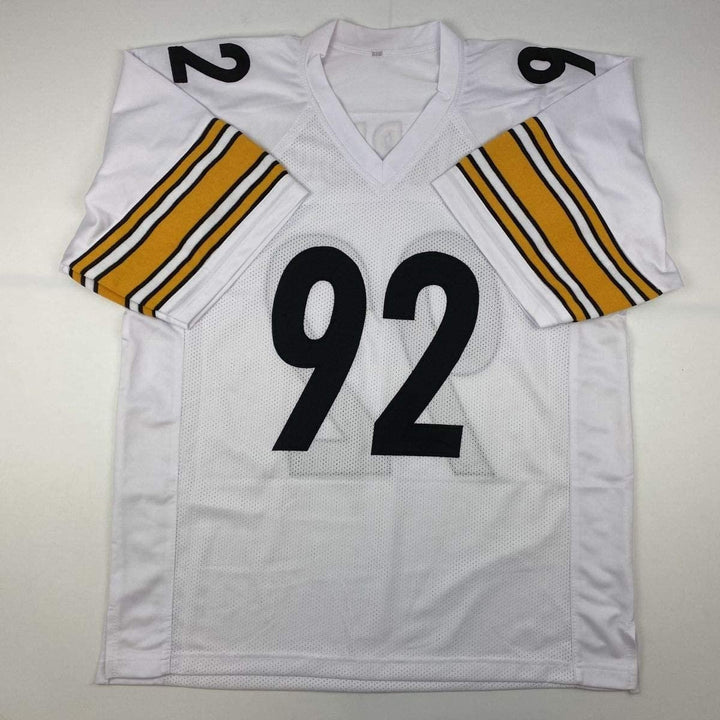 Autographed/Signed JAMES HARRISON Pittsburgh White Jersey Beckett COA