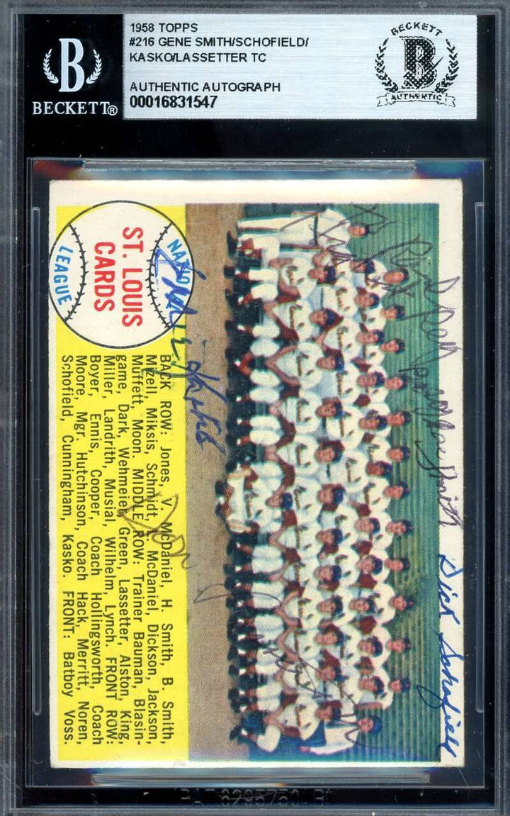 Smith Schofield Kasko Lassetter Beckett BAS Signed By 4 1958 Topps Team Auto