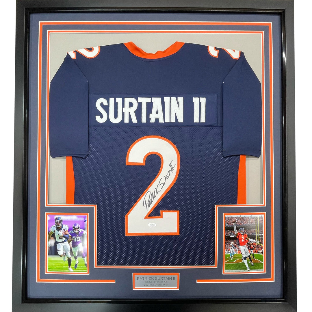 Framed Signed Patrick Surtain II 35x39 Denver Blue Jersey JSA COA