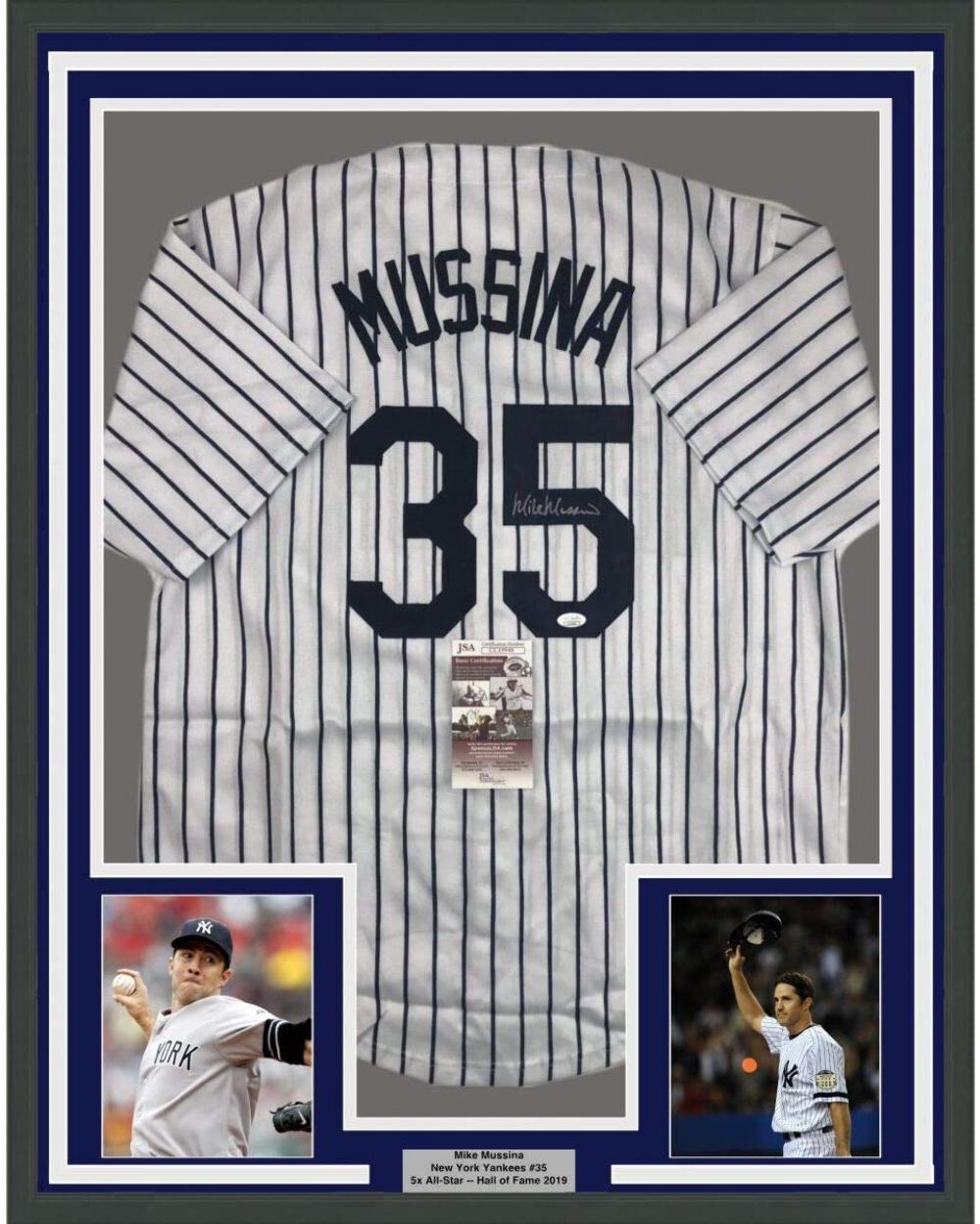 FRAMED Autographed/Signed MIKE MUSSINA 33x42 New York Pinstripe Jersey JSA COA
