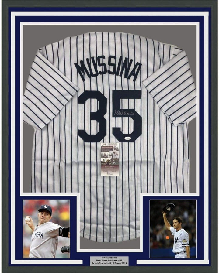 FRAMED Autographed/Signed MIKE MUSSINA 33x42 New York Pinstripe Jersey JSA COA