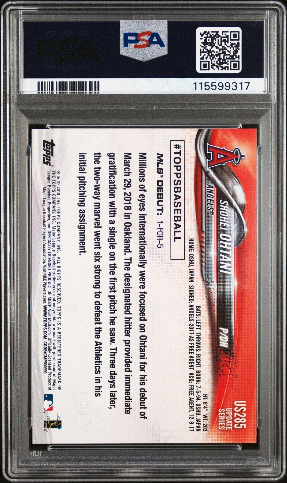 Graded 2018 Topps Update SHOHEI OHTANI #US285 Rookie RC Card PSA 10