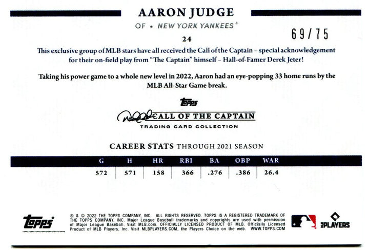 Aaron Judge Topps Call of the Captain Derek Jeter Collection 69/75 #24 2022