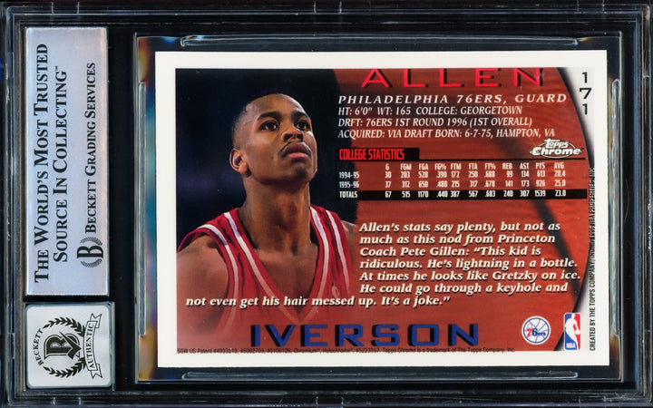 Allen Iverson Signed 1996-97 Topps Chrome RC 171 76ers Auto GM 10 Beckett
