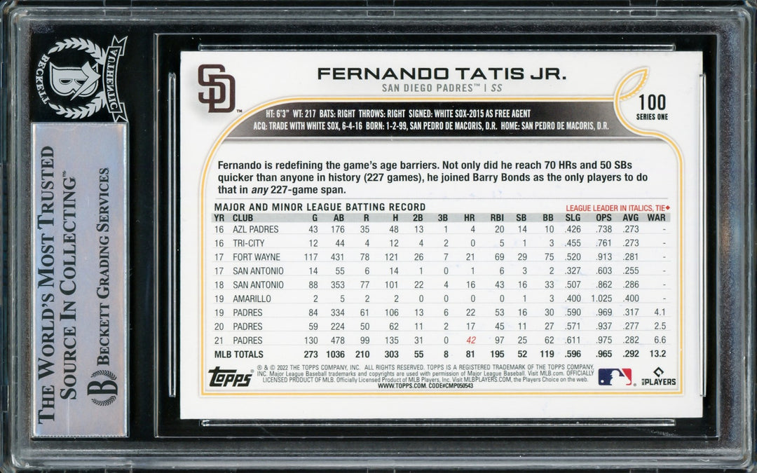 Fernando Tatis Jr. Signed 2022 Topps Card 100 San Diego Padres Beckett
