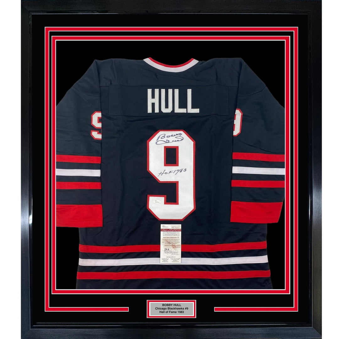 Framed Signed Bobby Hull HOF 1983 35x39 Chicago Black Jersey JSA COA