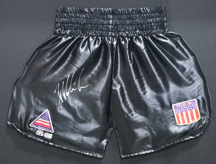 Mike Tyson Signed Framed Black Boxing Trunks Beckett BAS Witness