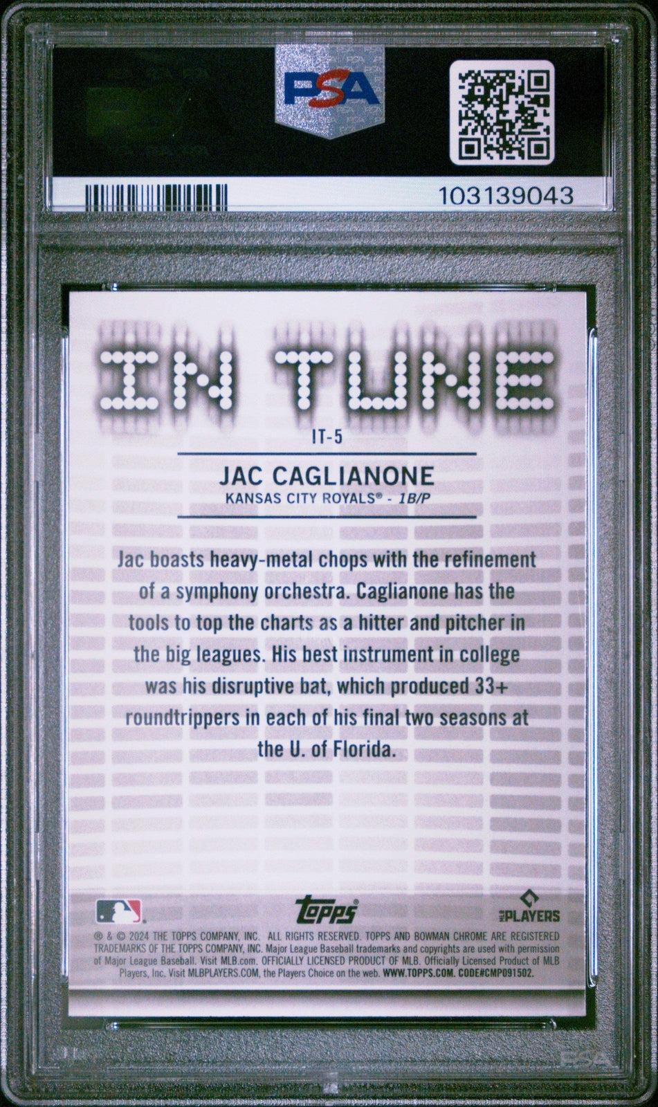 Graded 2024 Topps Bowman Draft Jac Caglianone #IT5 In Tune Baseball Card PSA 10