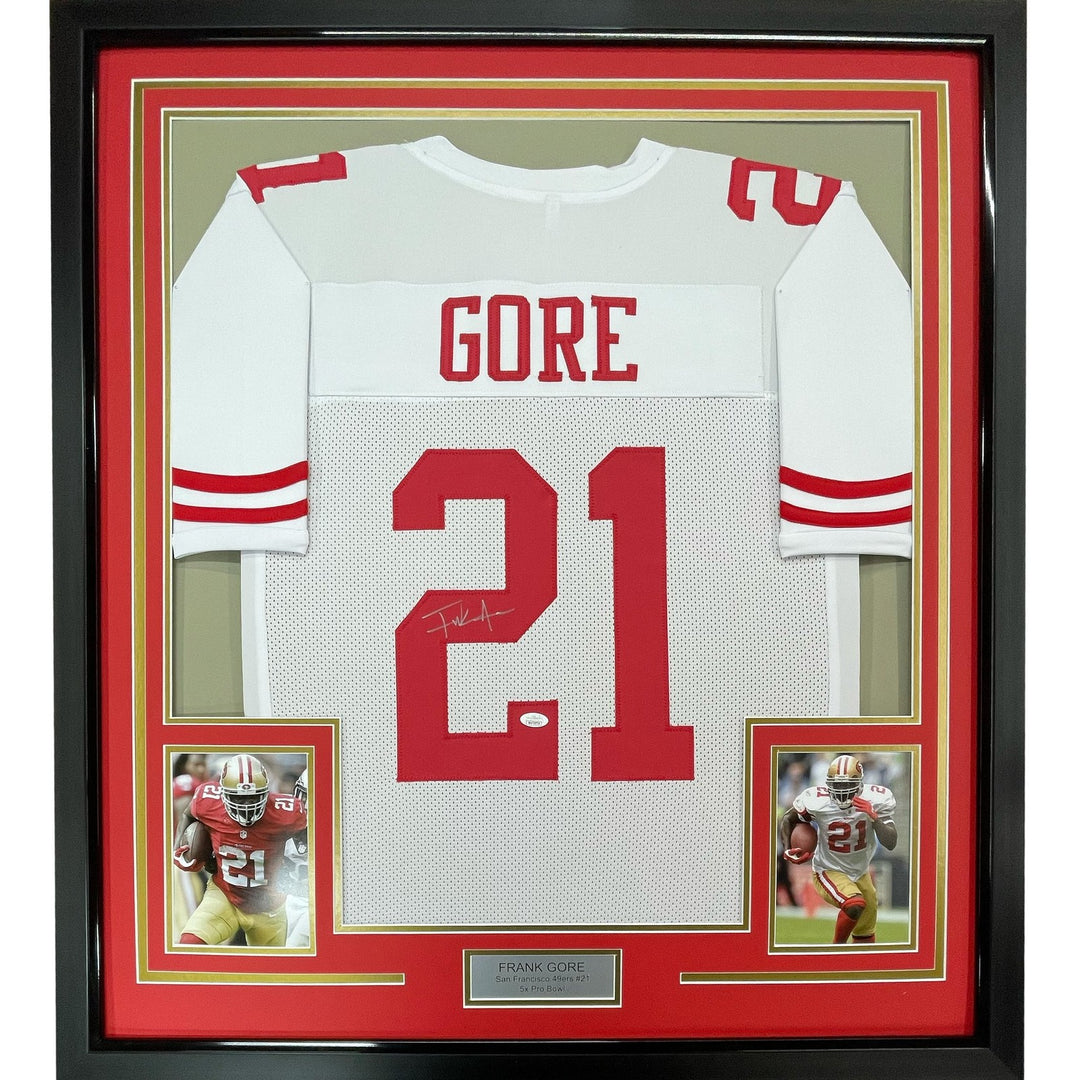 Framed Autographed/Signed Frank Gore 33x42 San Francisco White Jersey COA
