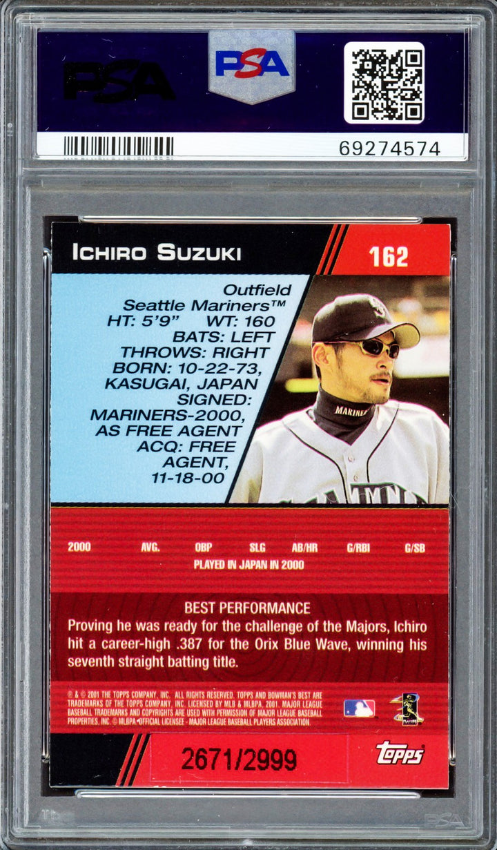 Ichiro Suzuki Signed 2001 Bowman's Best RC 162 01 ROY/MVP #2671/2999 PSA/DNA