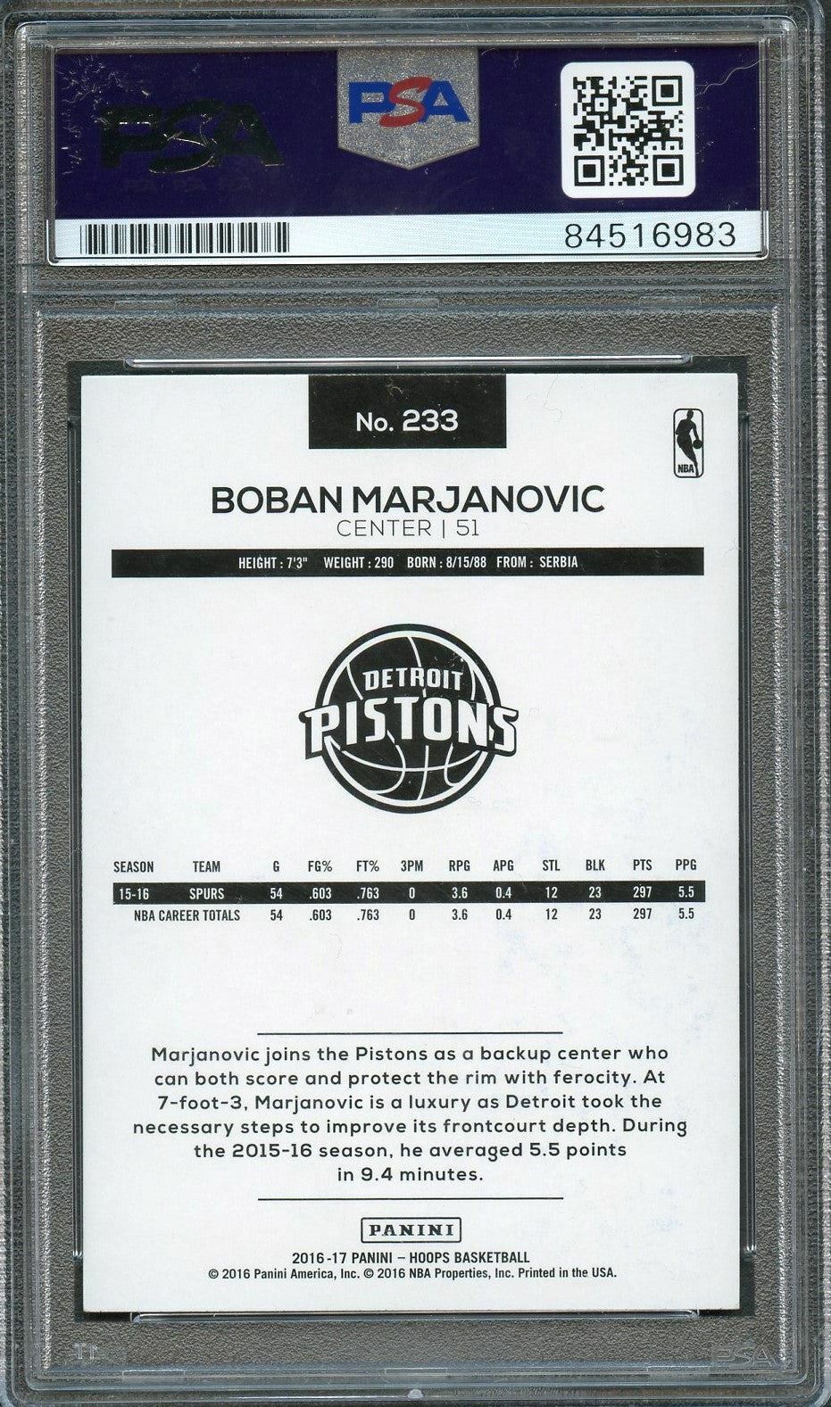 2016-17 NBA Hoops #233 Boban Marjanovic signed Auto 10 Card PSA/DNA Slabbed Pist