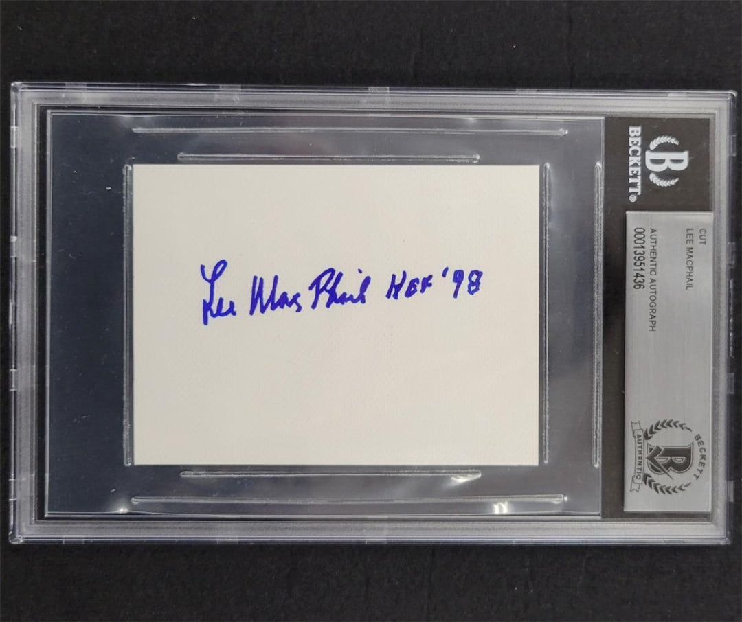 Lee MacPhail signed "HOF 98" cut 3x4 index card autograph ~ Beckett BAS