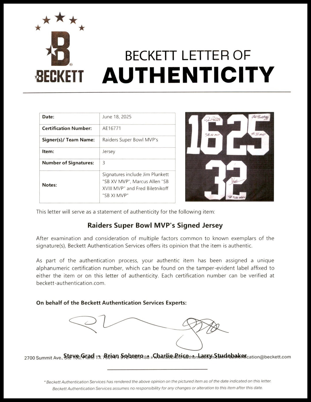 Raiders SB MVPs Fred Biletnikoff Jim Plunkett Marcus Allen Auto Black Jersey BAS