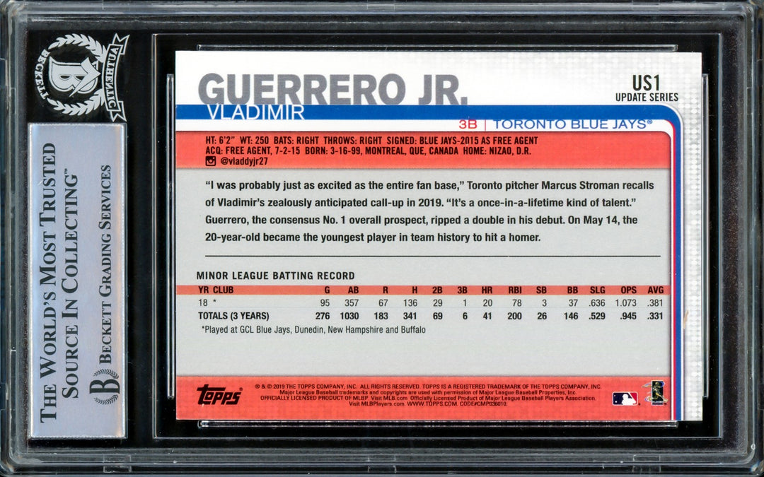 Vladimir Guerrero Jr. Signed 2019 Topps Update RC US1 Toronto Blue Jays Beckett