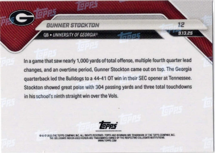2025 Topps Bowman U Now Gunner Stockton #12 Gold Foil /50 Georgia Rookie RC Card