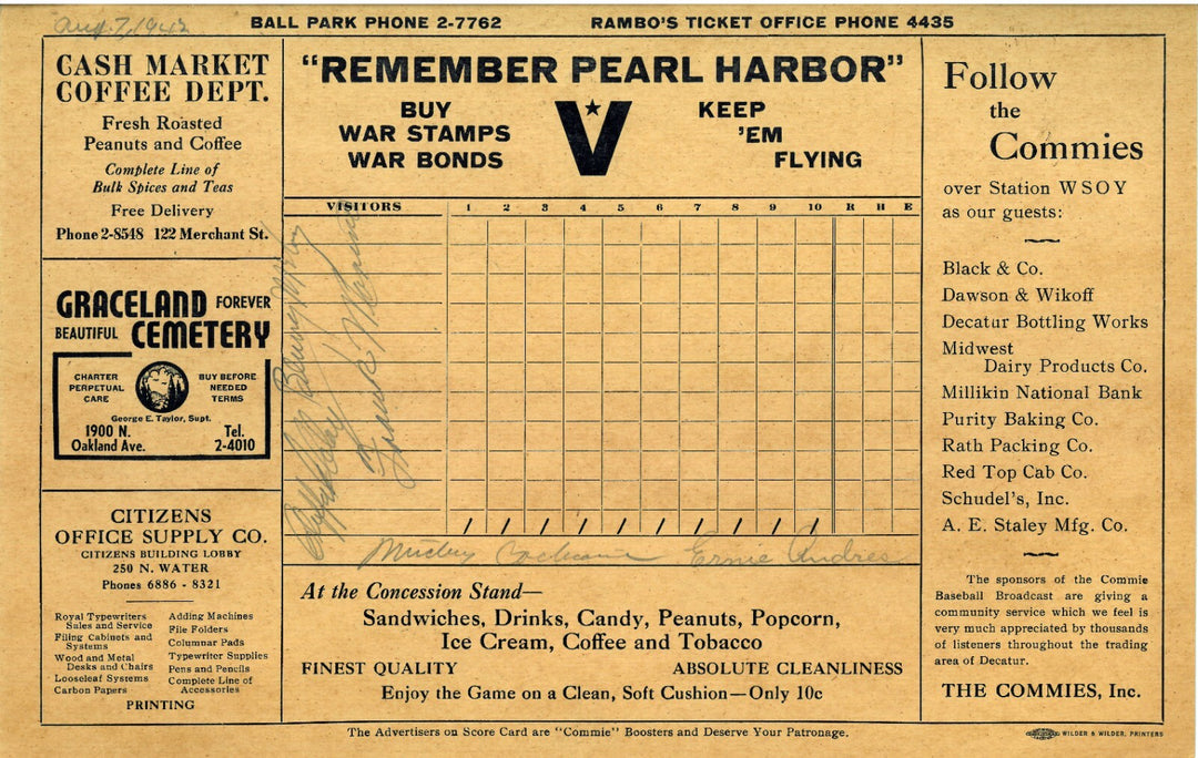 1942 Remember Pearl Harbor Wilder & Wilder 7.25x11.25 BB Score Card- 4 sig - JSA