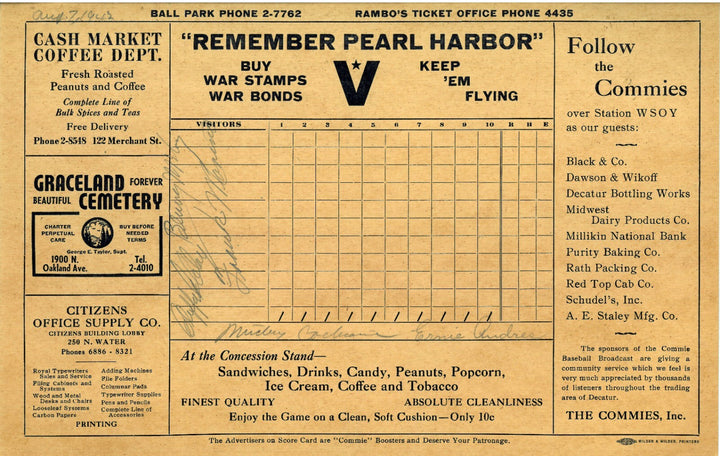 1942 Remember Pearl Harbor Wilder & Wilder 7.25x11.25 BB Score Card- 4 sig - JSA