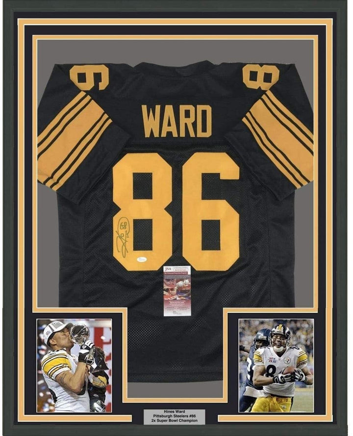 Framed Signed Hines Ward 35x39 Pittsburgh Color Rush Jersey JSA COA