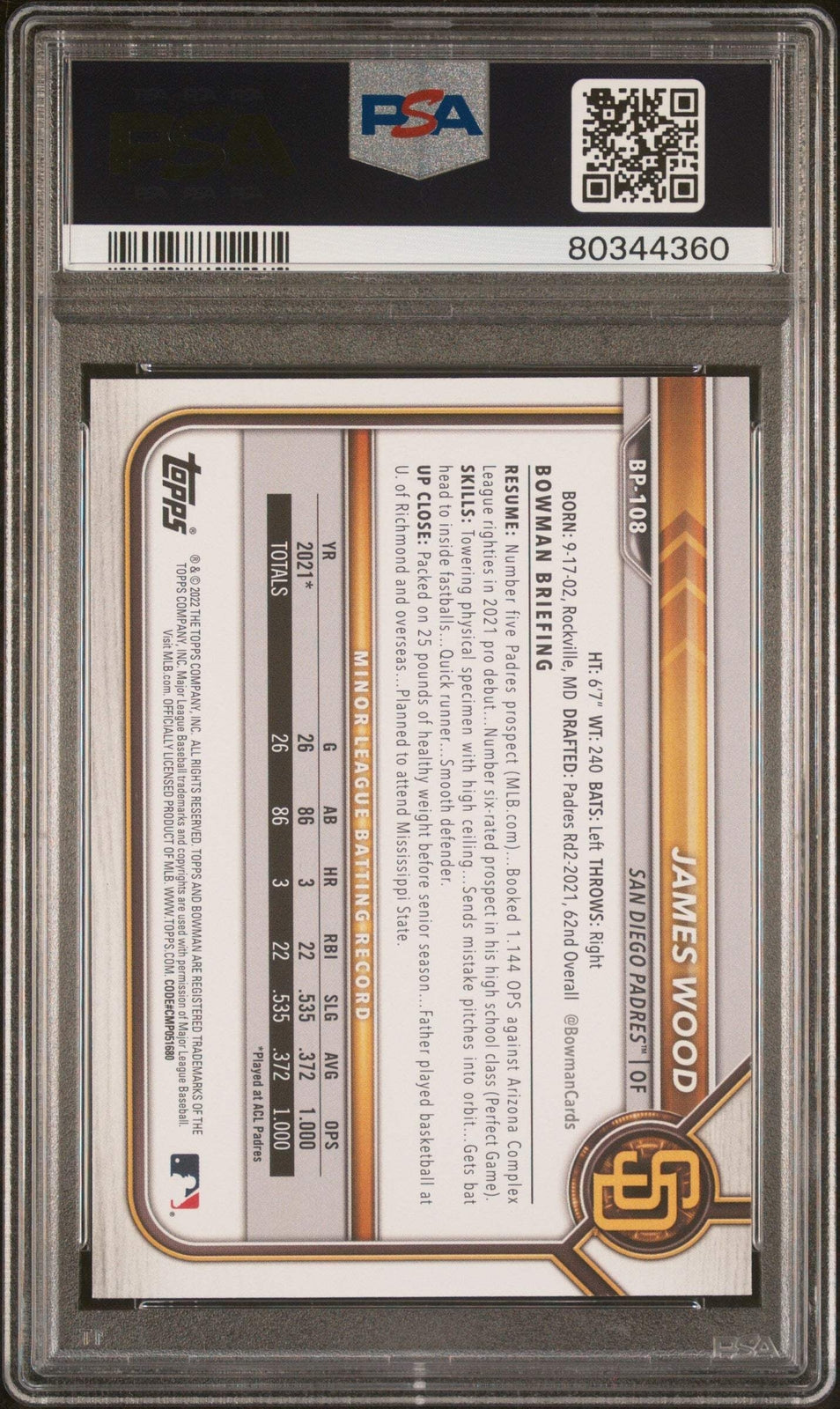 Graded 2022 Bowman James Wood #BP108 Paper Prospects RC Baseball Card PSA 10