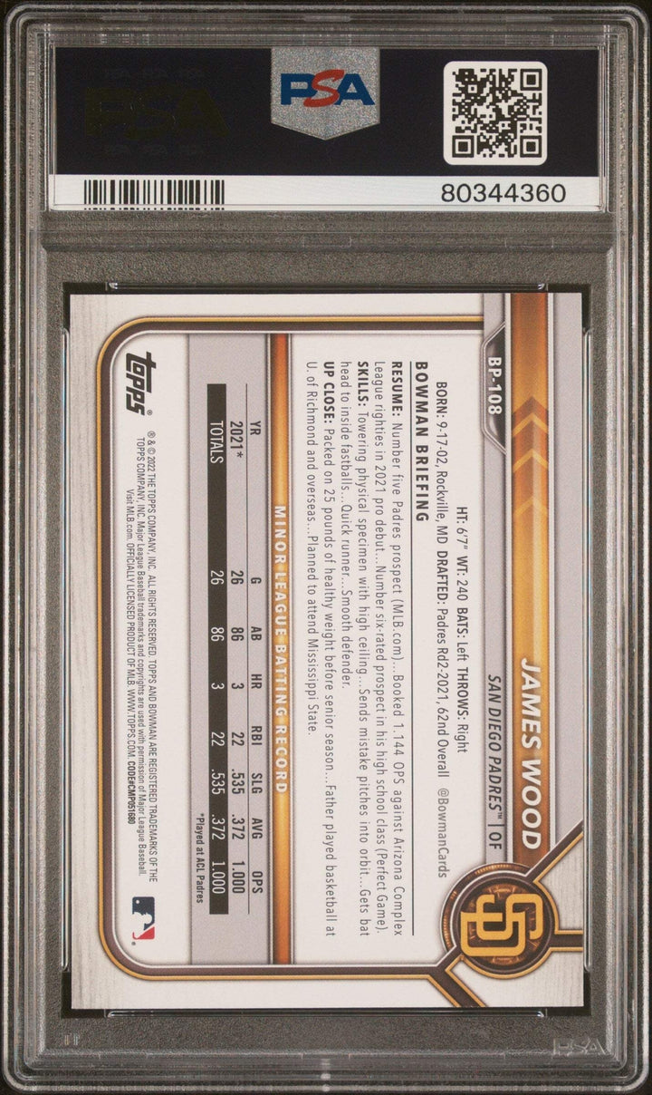 Graded 2022 Bowman James Wood #BP108 Paper Prospects RC Baseball Card PSA 10