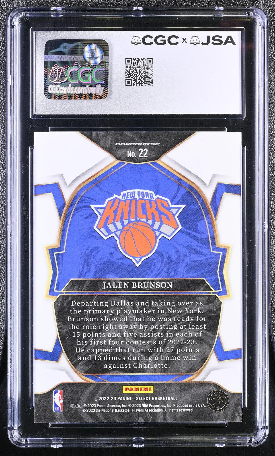 2022-23 Panini Select #22 Jalen Brunson signed card CGC JSA Auto Authentic