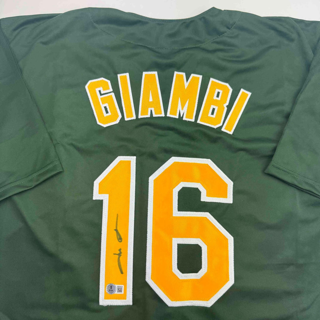 Autographed/Signed Jason Giambi Oakland Green Jersey Beckett BAS COA