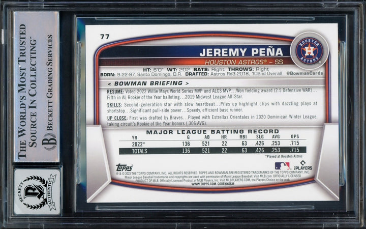 Jeremy Pena Signed 2023 Bowman Card 77 Houston Astros Auto GM 10 Beckett